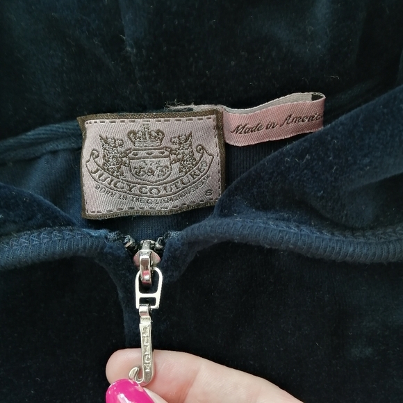 Juicy Couture Genuine Y2K Zip Up Rhinestone Embellished Back Navy and Gold Small - Picture 11 of 13